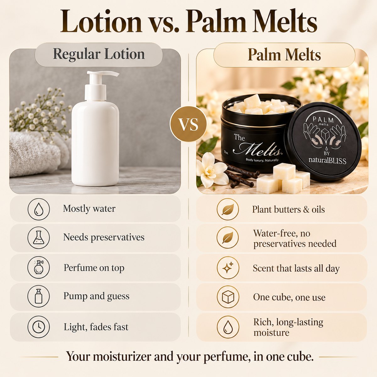 Lotion vs Palm Melts: plant butters and oils, water-free, scent that lasts all day, one cube one use