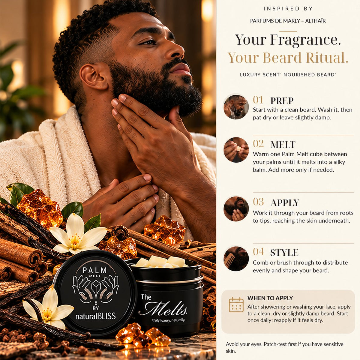 How to use Parfums de Marly Althaïr inspired Palm Melts as a beard balm, step by step