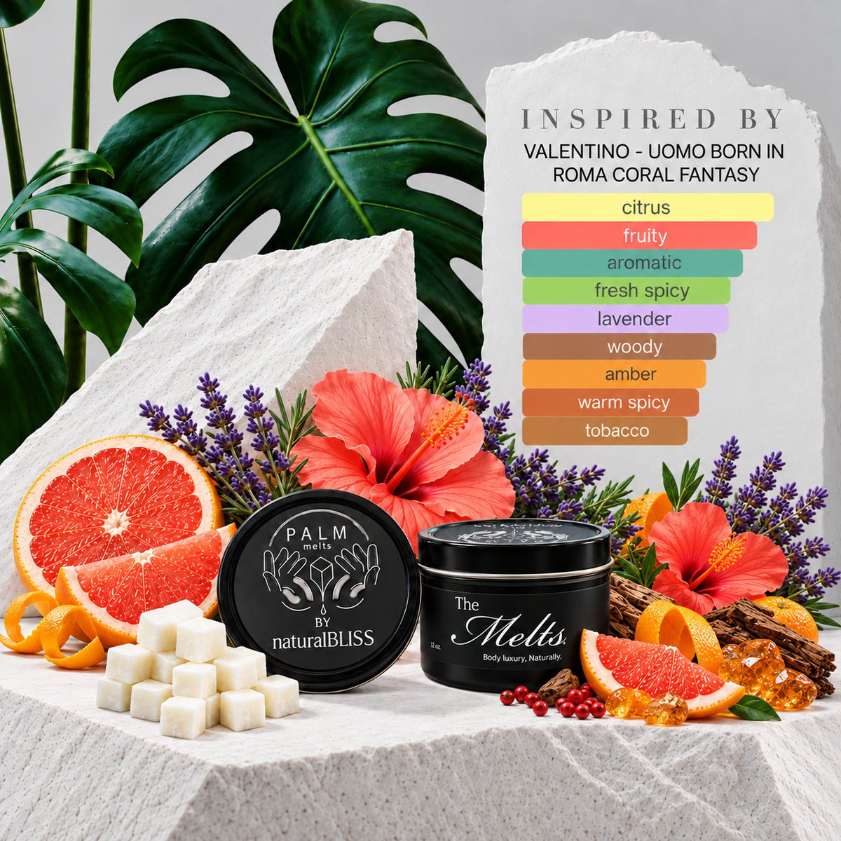Valentino Coral Fantasy inspired Palm Melts body butter cubes and tin with the scent notes