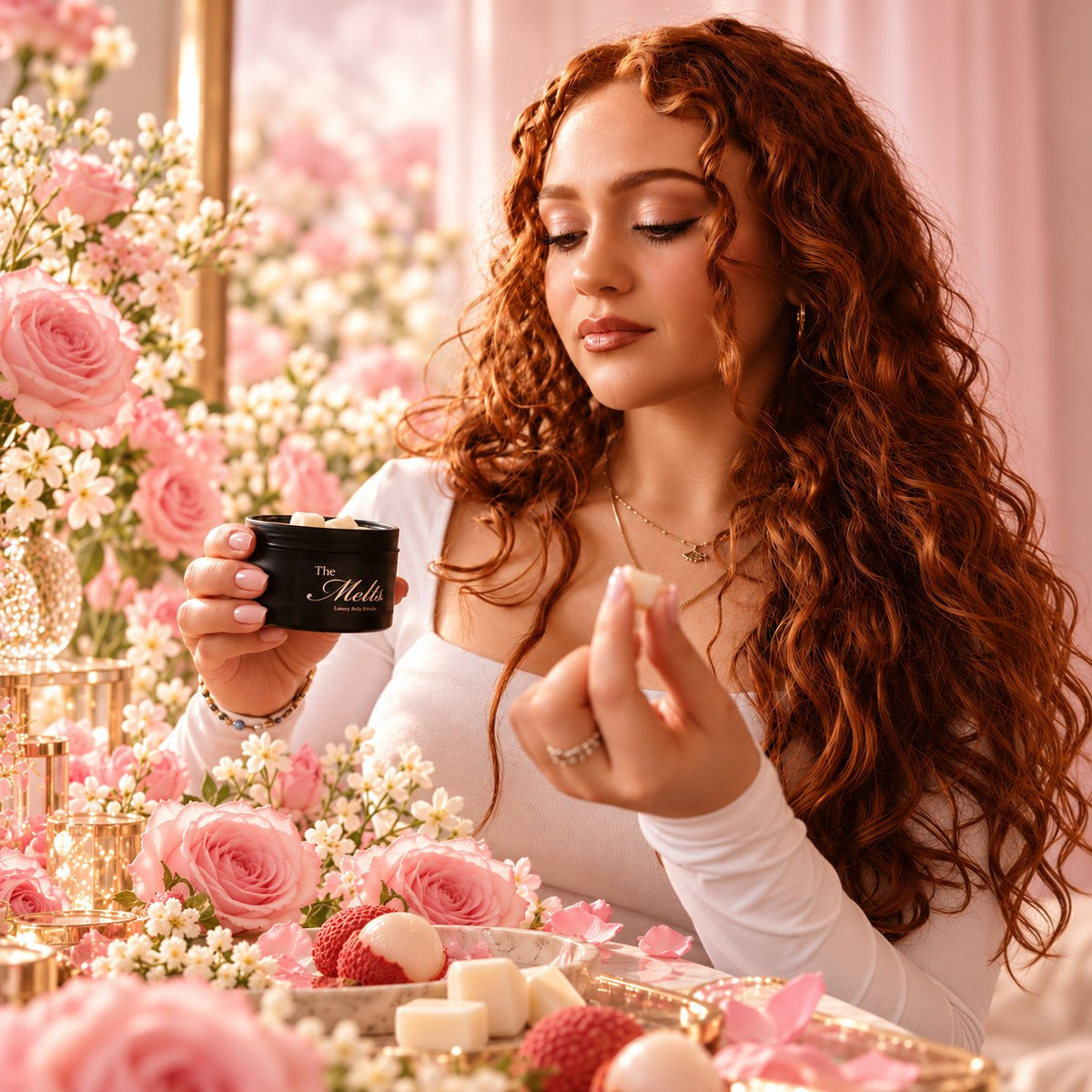 Woman holding a Palm Melts cube and tin, Delina La Rosée inspired scent