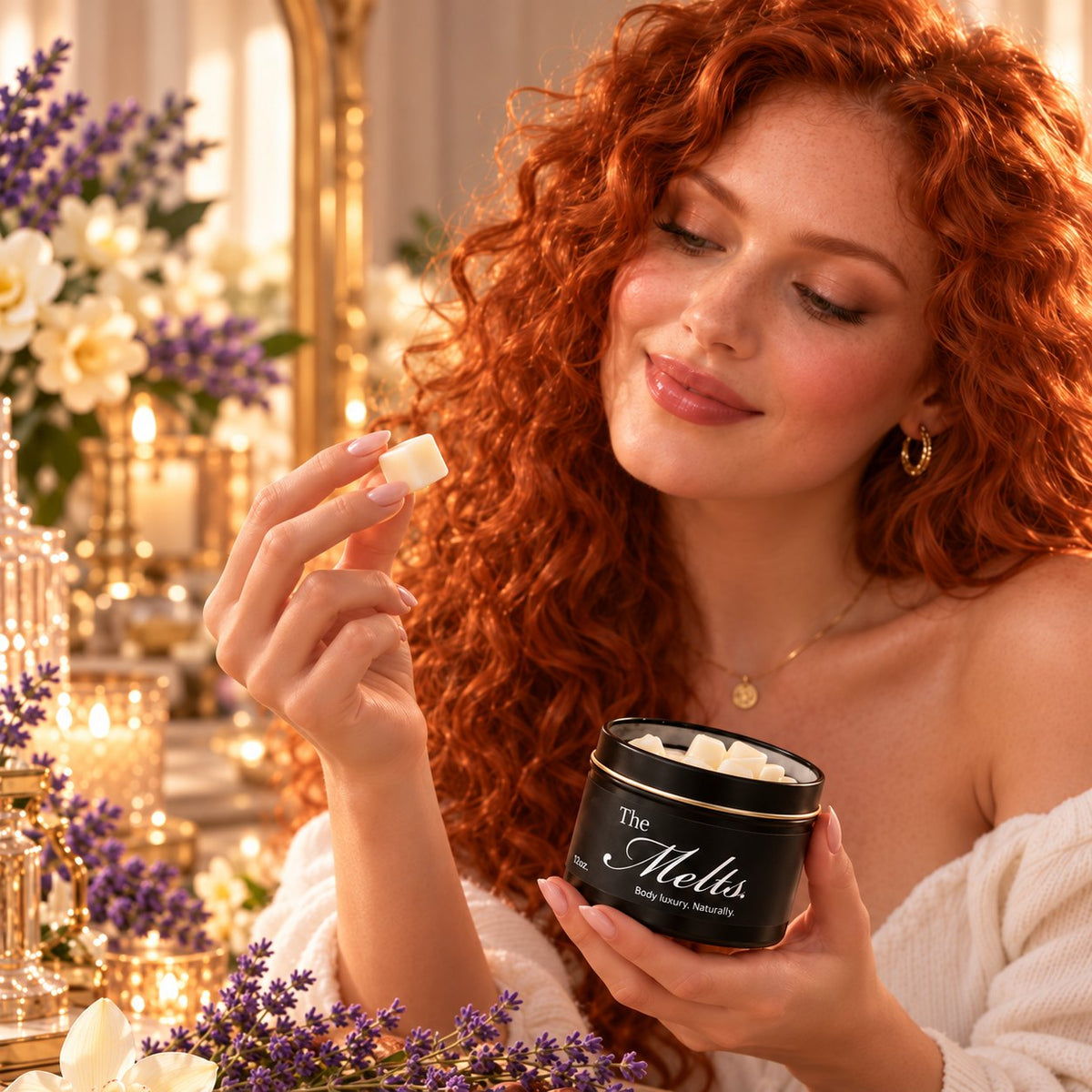 Woman holding a Palm Melts cube and tin, Burberry Goddess inspired scent