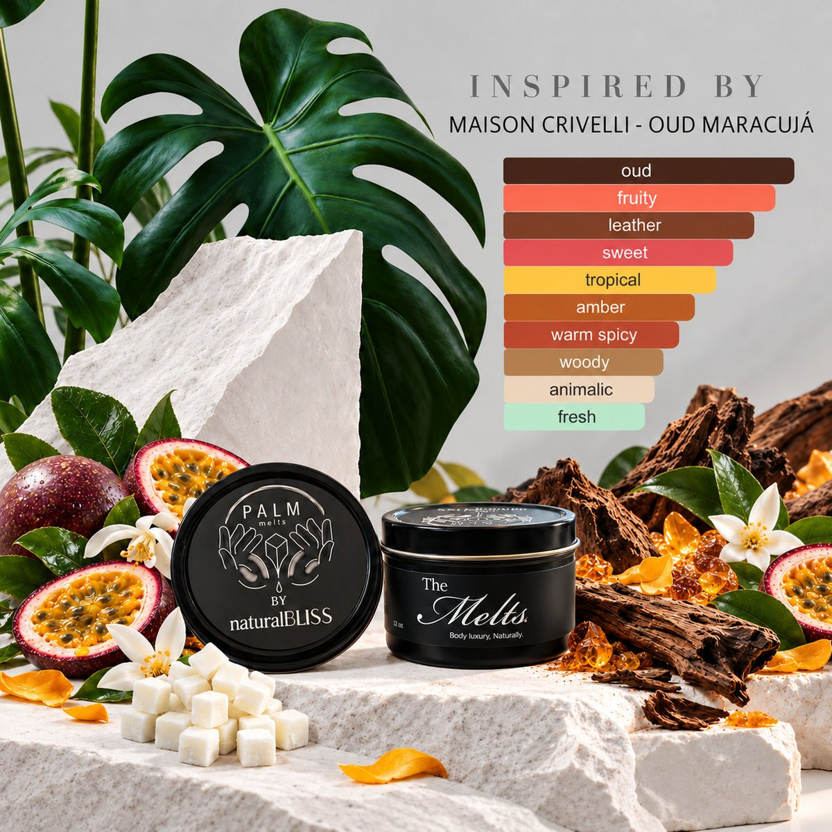 Oud Maracujá inspired Palm Melts body butter cubes and tin with the scent notes