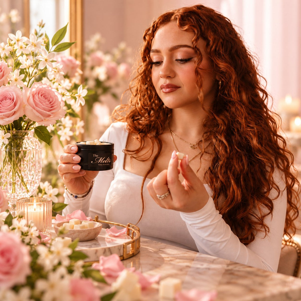 Woman holding a Palm Melts cube and tin, Prada Paradoxe inspired scent