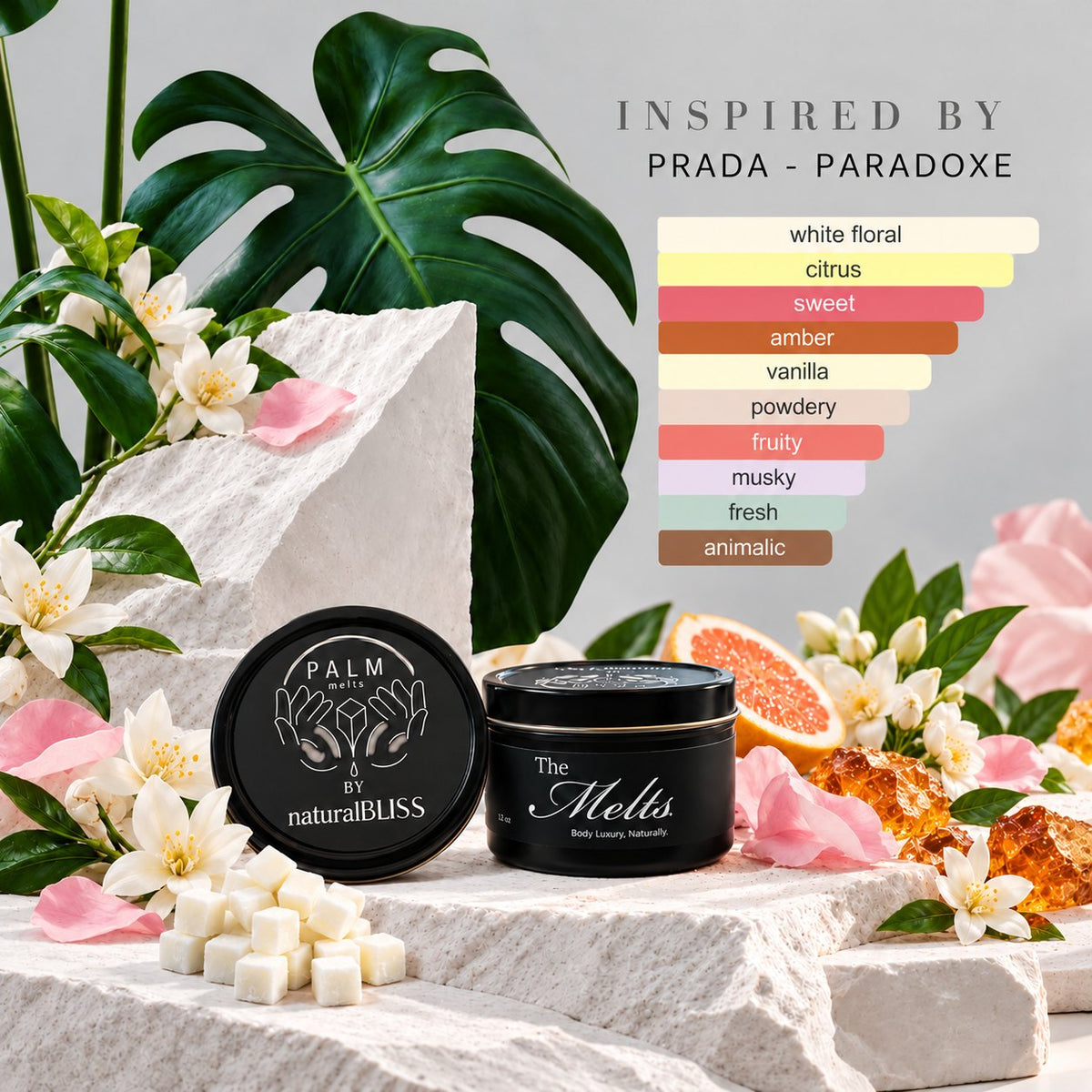 Prada Paradoxe inspired Palm Melts body butter cubes and tin with the scent notes