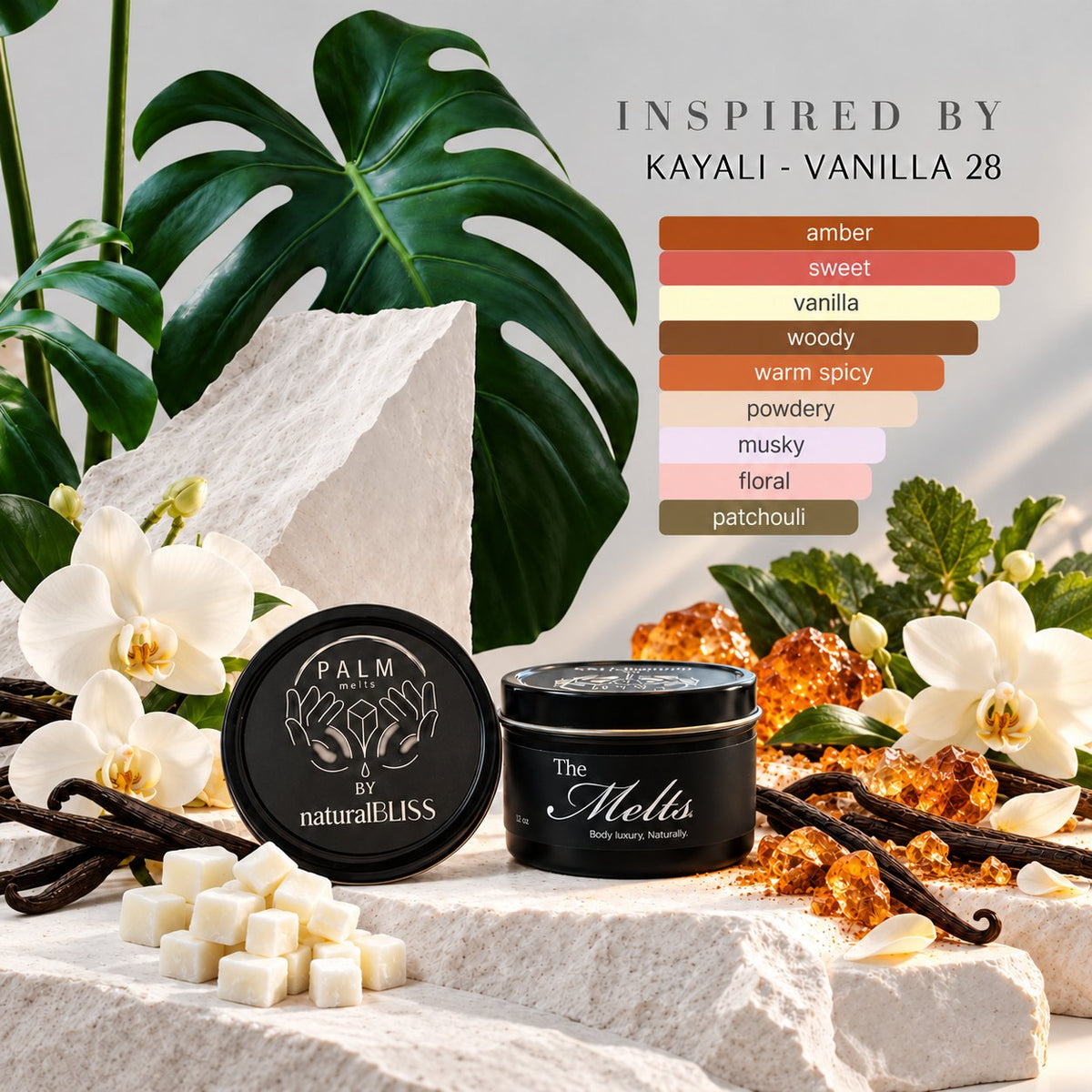 Kayali Vanilla 28 inspired Palm Melts body butter cubes and tin with the scent notes