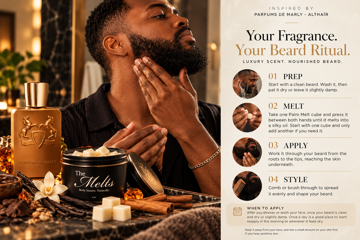 A man applying a Palm Melt beard balm, with the four-step beard ritual: prep, melt, apply and style