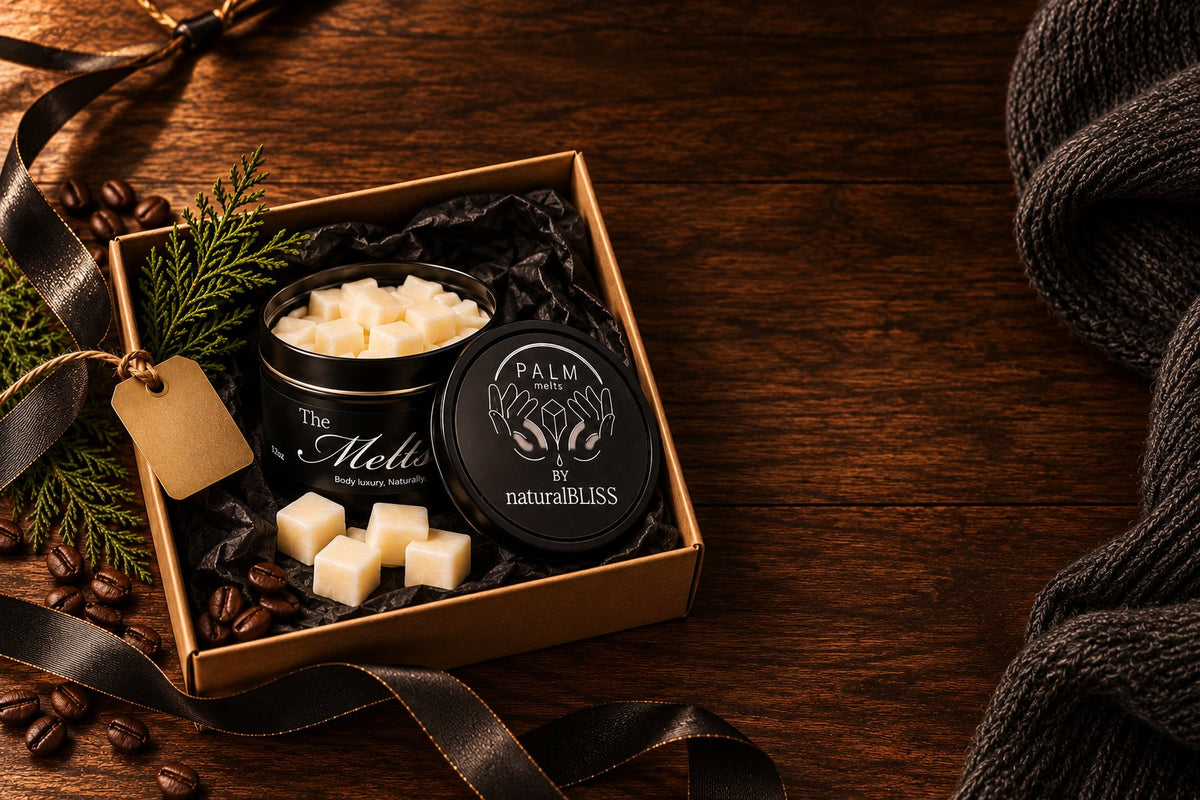 Palm Melts body butter tin in a gift box with a For Him tag