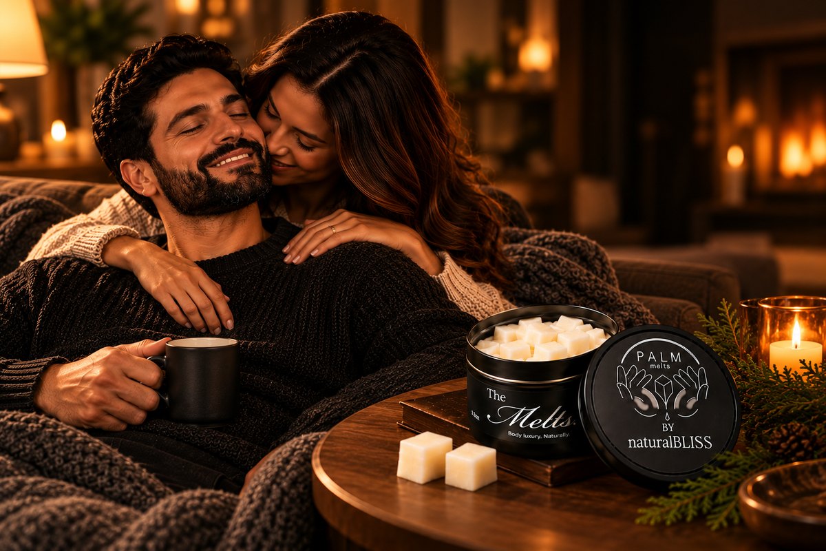 Couple relaxing by candlelight with a tin of Palm Melts body butter cubes