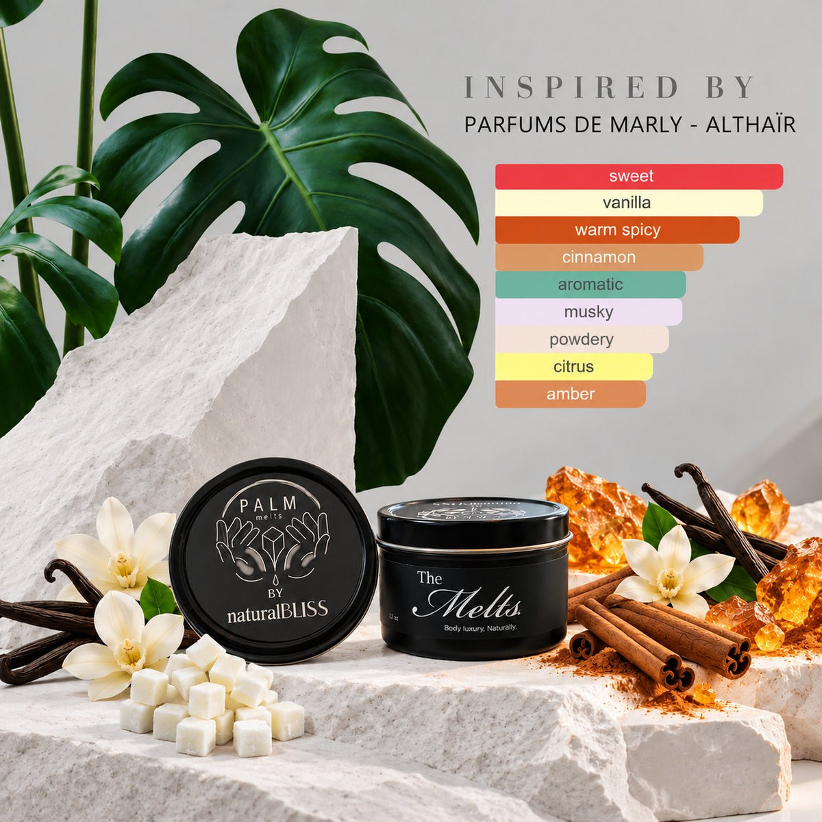 Parfums de Marly Althaïr inspired Palm Melts body butter cubes and tin with the scent notes