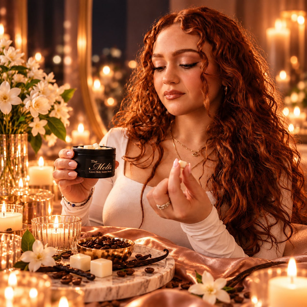 Woman holding a Palm Melts cube and tin, Black Opium Nuit Blanche inspired scent
