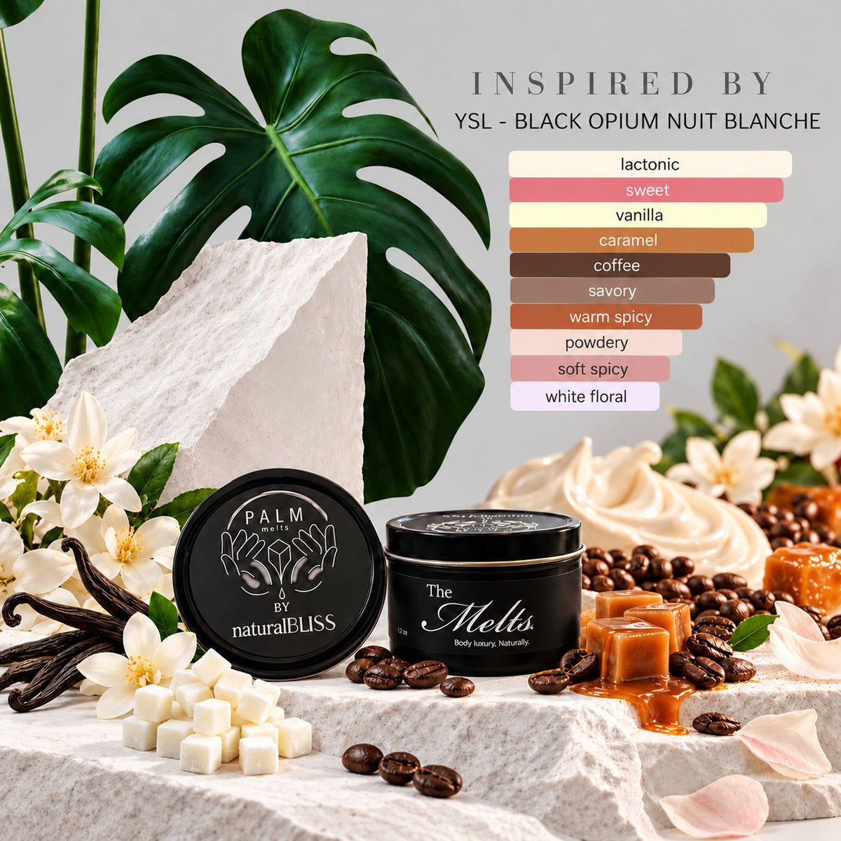 Black Opium Nuit Blanche inspired Palm Melts body butter cubes and tin with the scent notes