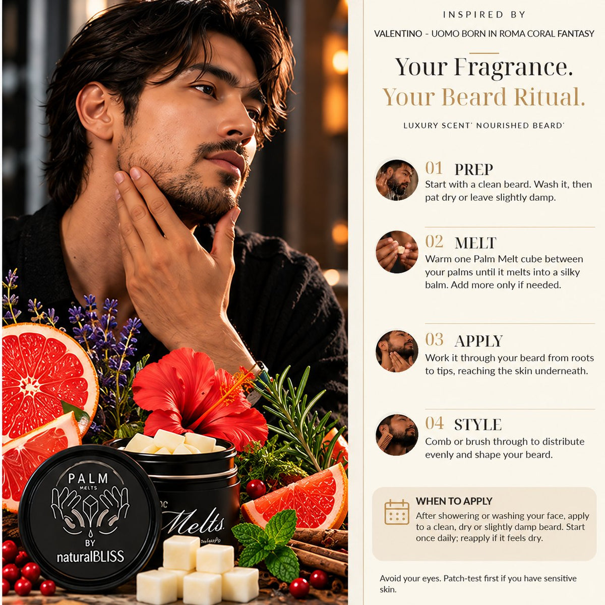How to use Valentino Coral Fantasy inspired Palm Melts as a beard balm, step by step