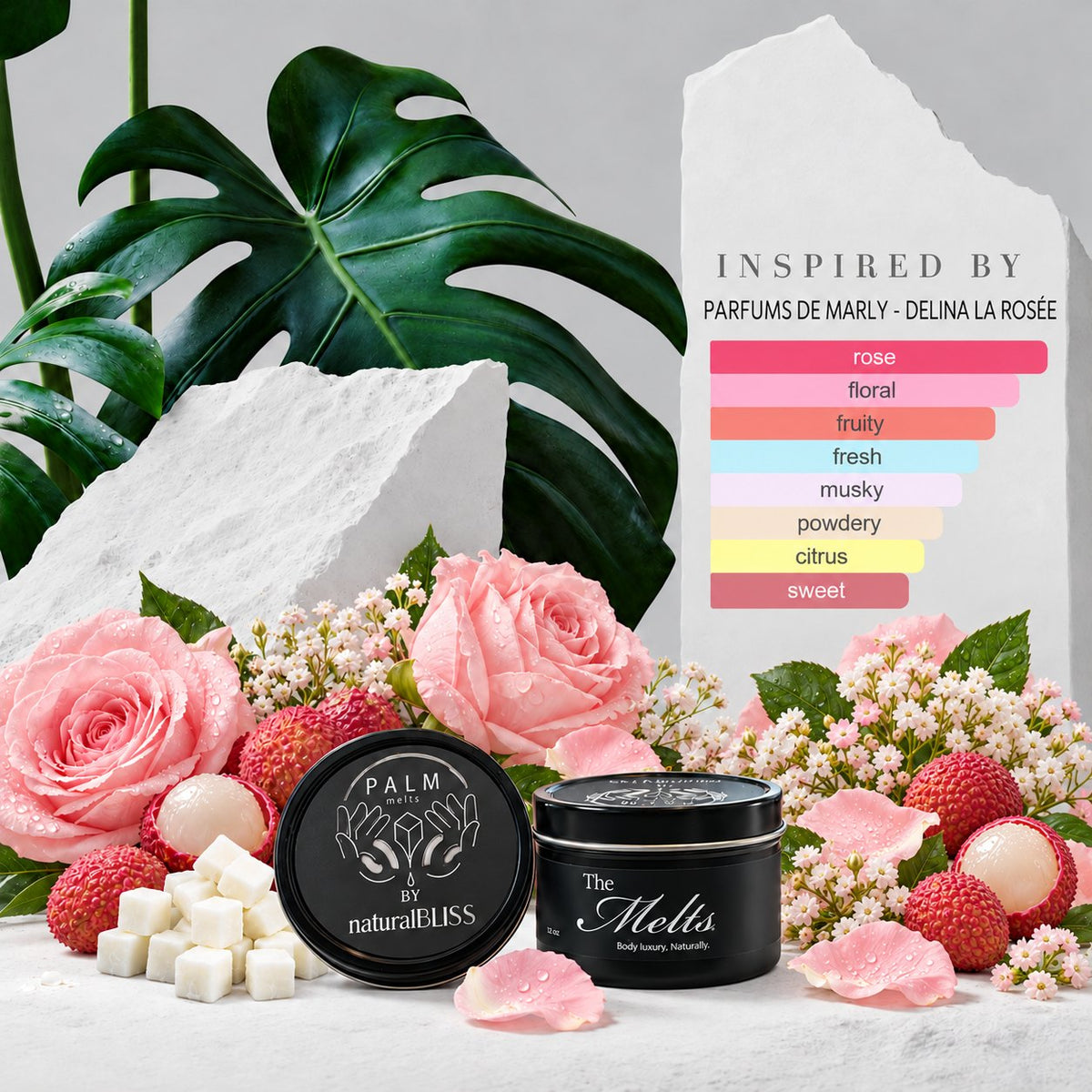 Delina La Rosée inspired Palm Melts body butter cubes and tin with the scent notes