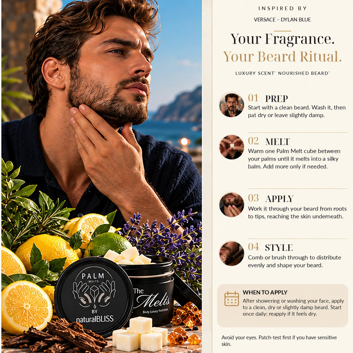 How to use Versace Dylan Blue inspired Palm Melts as a beard balm, step by step