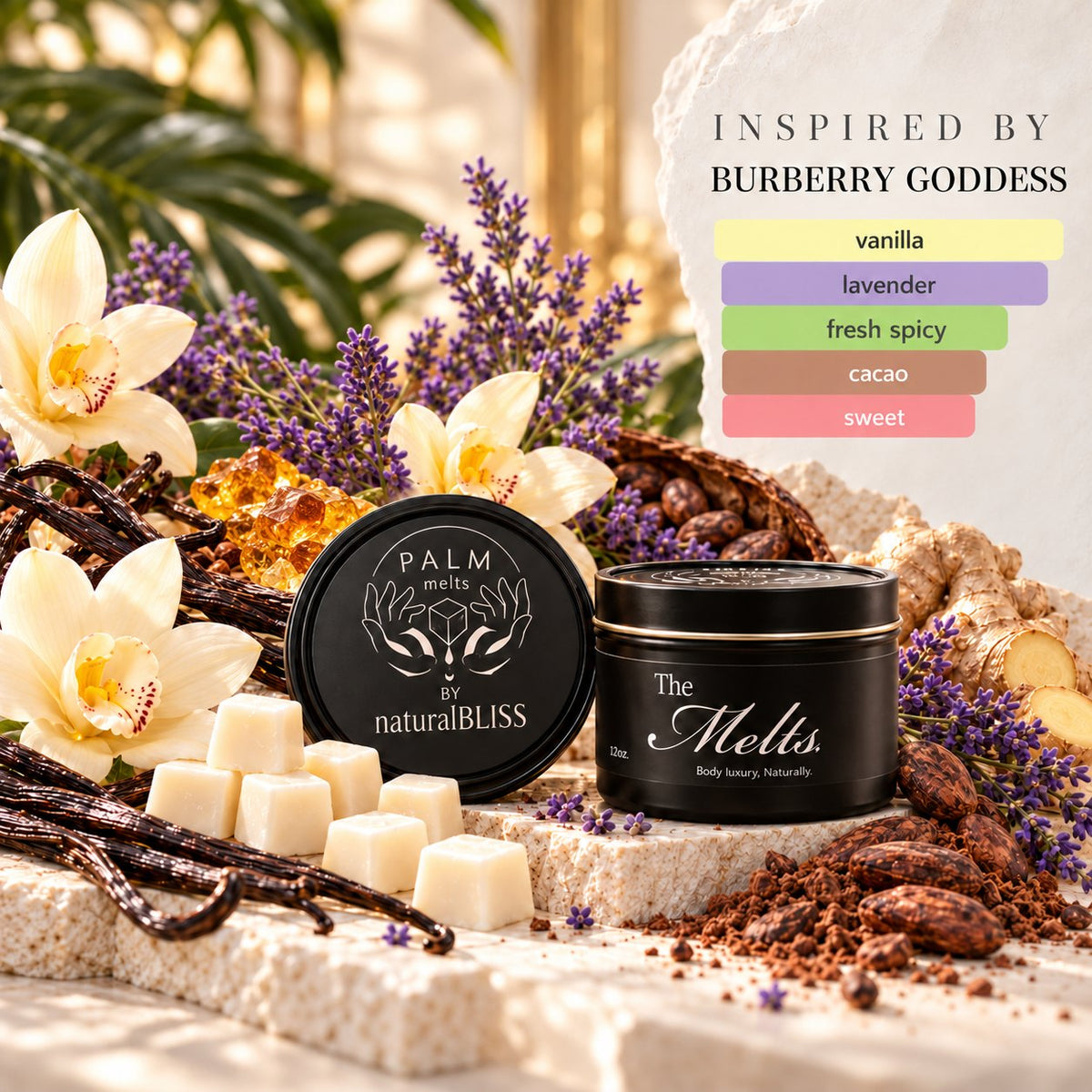 Burberry Goddess inspired Palm Melts body butter cubes and tin with the scent notes