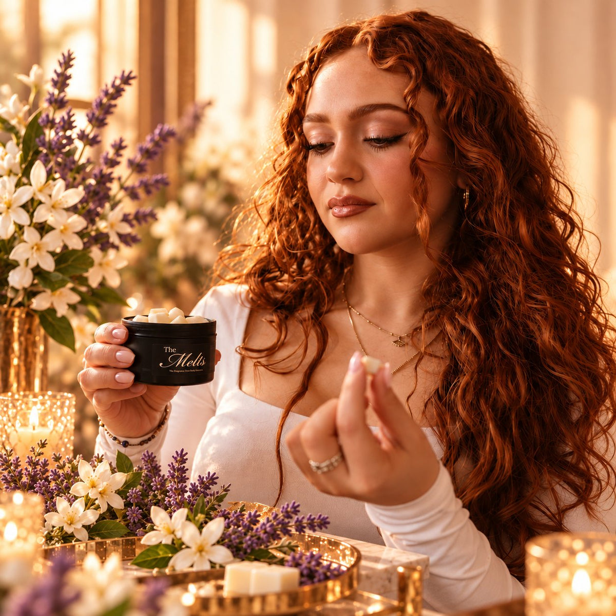 Woman holding a Palm Melts cube and tin, YSL Libre Intense inspired scent