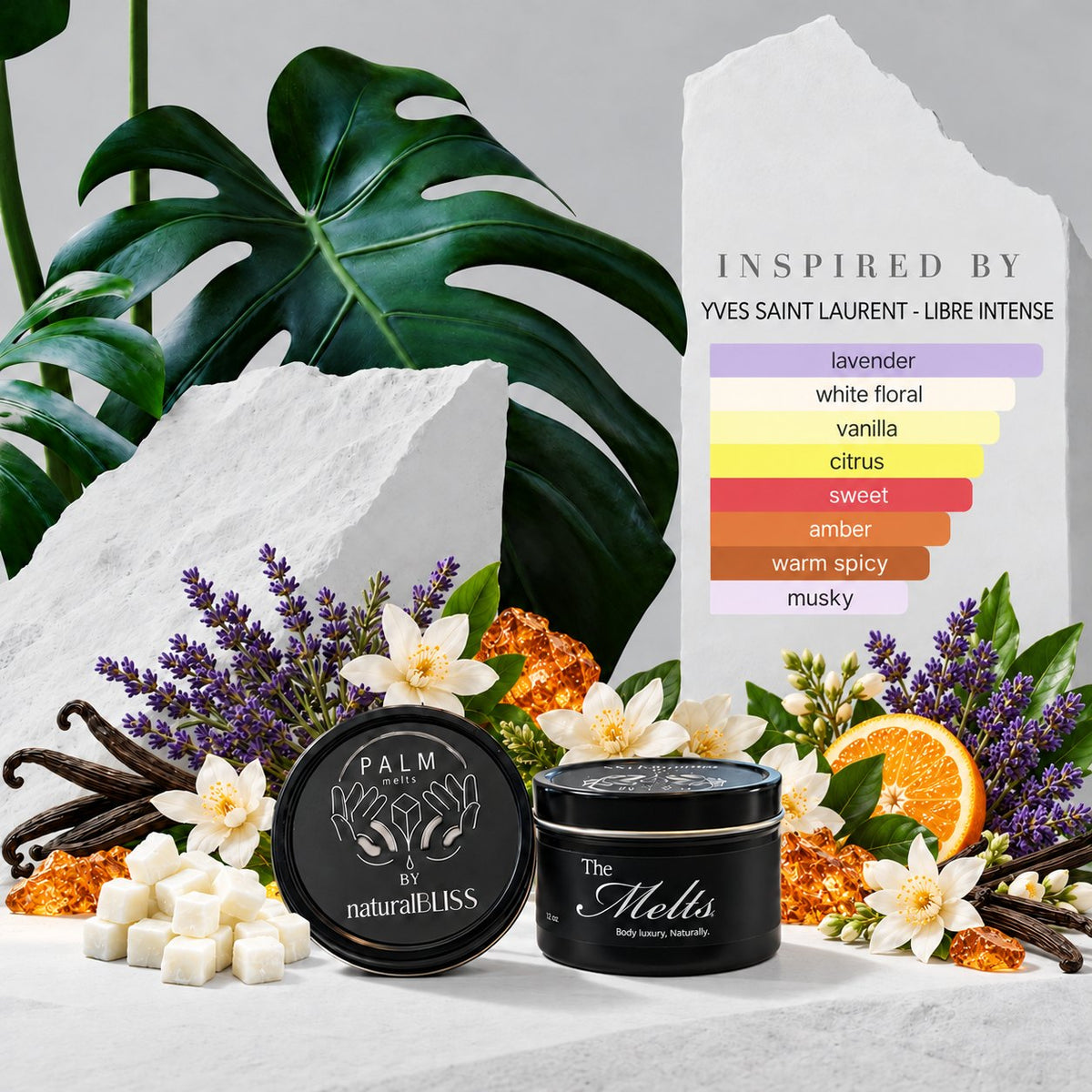 YSL Libre Intense inspired Palm Melts body butter cubes and tin with the scent notes